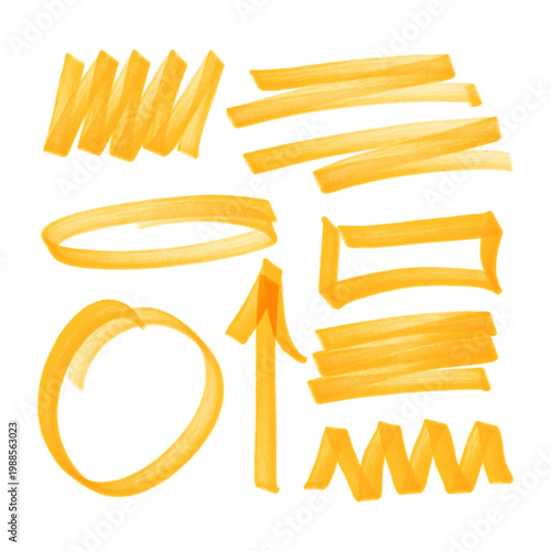 Yellow marker highlight doodles set. Hand drawn highlighter arrow, circles and brush strokes on transparent background. Retro sketch shapes for notes, presentation, planner. Isolated vector elements