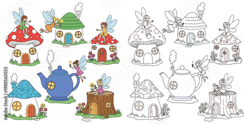 Cute Fairy Houses and Magical Fairies Collection, Including Colored and Line Art Versions of Mushroom Teapot and Tree Stump Cottages, Whimsical Fantasy Illustration for Kids Activities