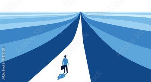 Lone businessman walking away on a bright white path through a vast blue sea representing a journey towards future goals.