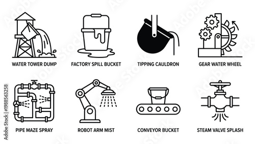 Industrial water icons water tower dump factory spill bucket tipping cauldron gear water wheel.