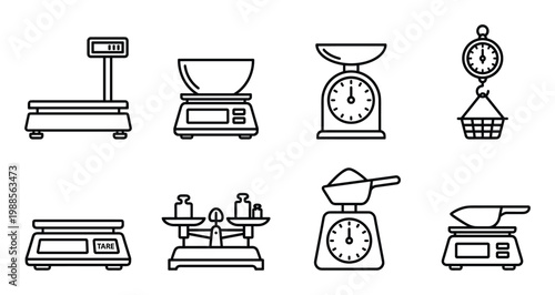Kitchen scales and weighing equipment icons including digital analog and balance scales.