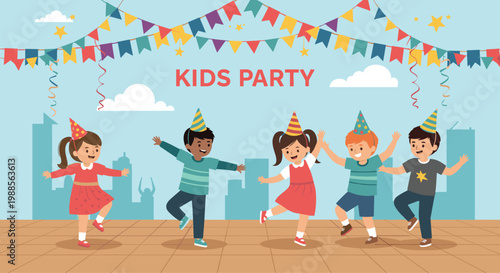 Group of happy multiracial children wearing party hats and dancing together at a colorful birthday celebration with decorations.