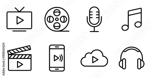 Media and entertainment flat line icons collection for website and app design vector.