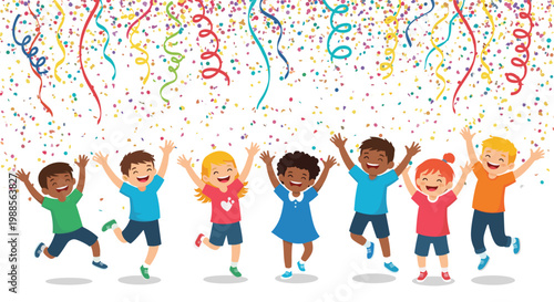 Happy diverse children jumping and cheering under falling colorful confetti and streamers in a celebratory atmosphere.