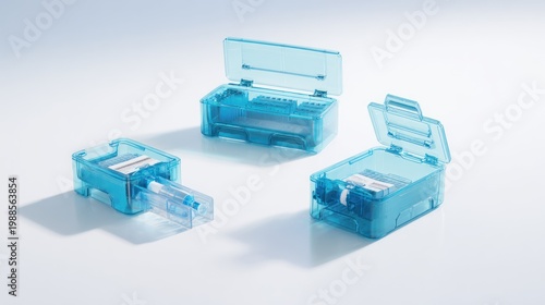 Three blue medical devices with open and closed lids on a white backdrop