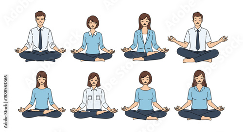 Diverse group of business professionals practicing mindfulness and meditation in lotus positions to reduce workplace stress.