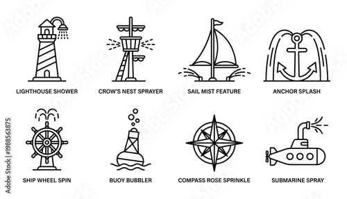 Nautical water features lighthouse crow nest sail anchor ship wheel buoy compass submarine for fun.