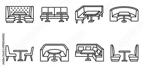 Restaurant booth and seating arrangements for cafes and diners with tables and chairs in various styles.
