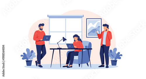 Group of business professionals working remotely with laptops and mobile phones in a modern home office environment.