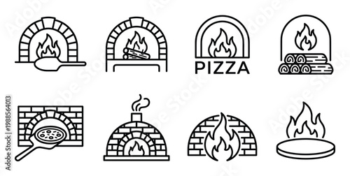 Pizza oven and traditional brick oven icons, classic fire baked cooking equipment set.