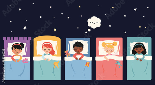 Group of multiethnic children sleeping peacefully in their colorful beds under a starry night sky with a fluffy cloud thoughts.