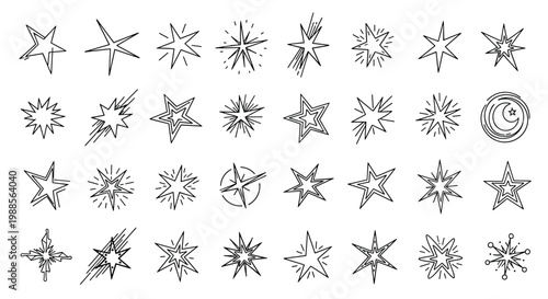 Large set of various star and sparkle icons in a playful hand drawn sketch style with black ink on white background.