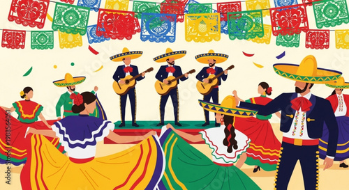 Vibrant mexican fiesta scene with mariachi band and dancers in traditional attire under colorful papel picado banners