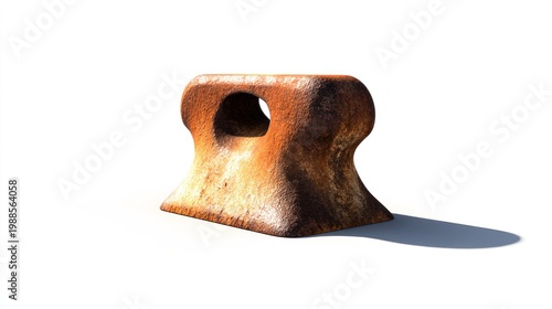Weathered metal bollard casting a shadow against a clean white background
