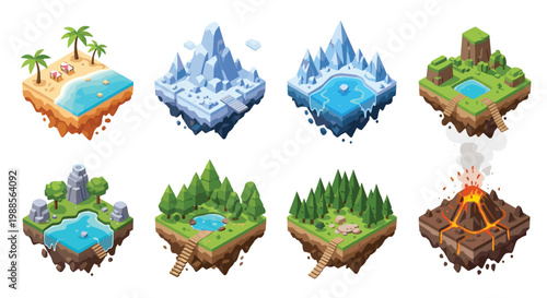Collection of isometric floating islands featuring diverse biomes like tropical beach, snowy mountains, forest, and volcano.