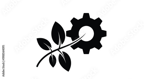 A stylized graphic combines a leafy branch with a mechanical gear representing nature and technology