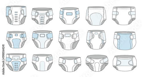 Detailed technical drawings of various types of baby diapers and incontinence products in white and blue tones in a grid.