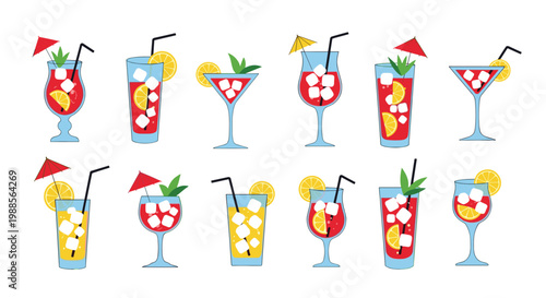 Assortment of colorful tropical cocktails and refreshing summer drinks in various glasses with garnishes on a white background.