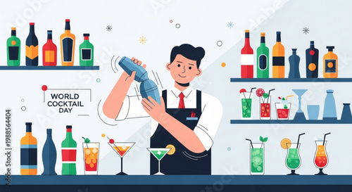 Bartender preparing cocktail on world cocktail day with various drinks and bottles on shelves around him