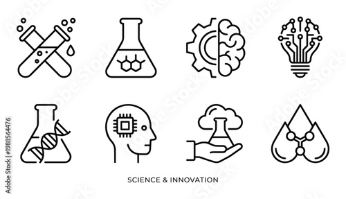 Science and innovation icons set with test tubes, flasks, brain, circuit, dna, cloud, hand, and atom.