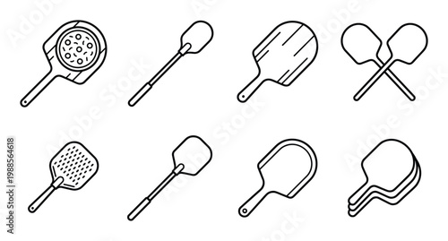 Set of pizza peels and shovels for baking and serving pizza icons in outline style for culinary themes.