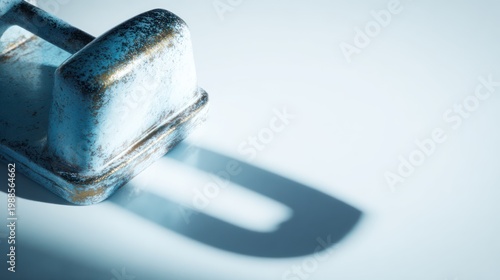 Close up of a blue trowel casting a shadow on a white background