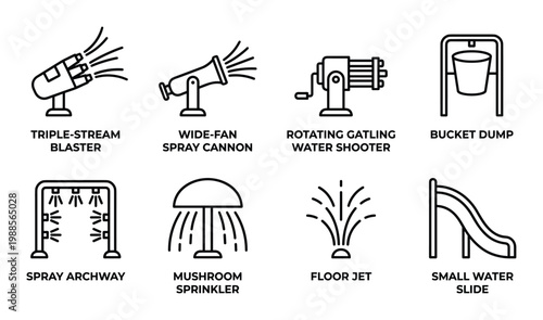 Set of water play equipment icons for splash park, featuring blasters, cannons, and water slides.