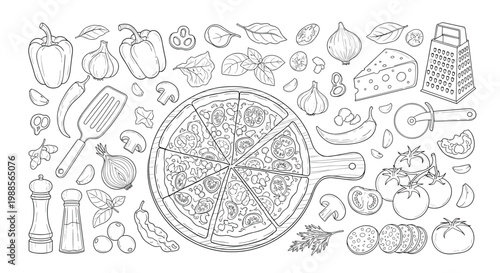Detailed black and white hand drawn sketches of pizza and its various ingredients like tomatoes, cheese, and vegetables on white.