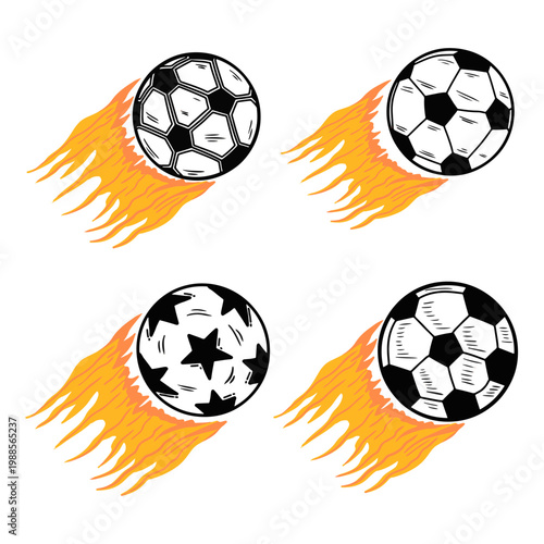 Flying football on fire vector set. Soccer ball with flames trail collection. Hand drawn burning football vector elements