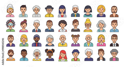 Large set of diverse people avatars including men and women of different ages and multiethnic backgrounds in a charming pixel art style.