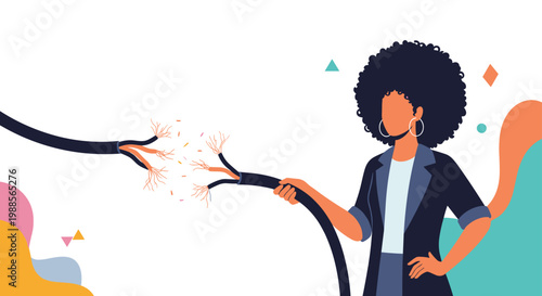 Symbolic representation of a communication breakdown or technical failure with a woman holding a severed power line.