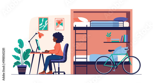 Student or freelancer working from a small studio apartment or dorm room with a functional workspace and bed.