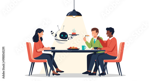 Futuristic restaurant experience with a service drone delivering a meal to friends having a dinner party together.