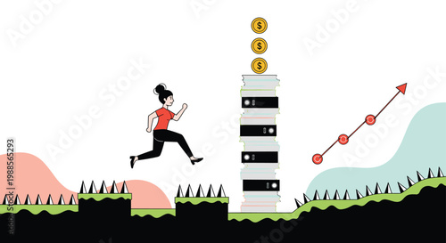 Challenging journey to financial success depicted by a woman overcoming obstacles to reach wealth and profit.