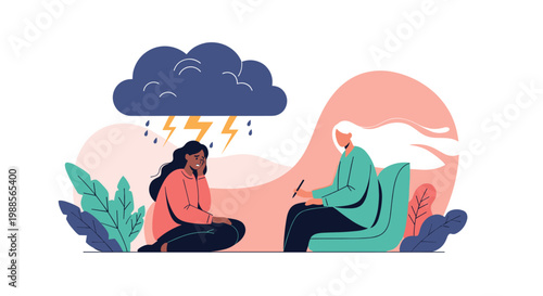 Crying woman seeks help in a mental health counseling session as a dark storm cloud hovers over her head.