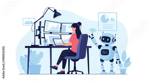 Data analyst works on multiple computer monitors with the help of a small robotic AI assistant in the office.