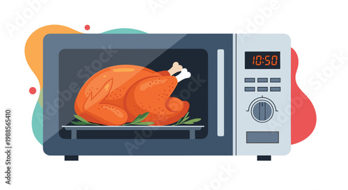 Whole roasted turkey is placed inside a modern microwave oven for cooking or reheating for a holiday meal.
