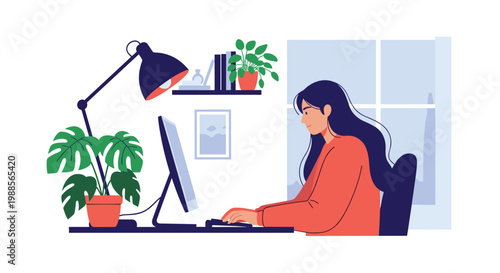 Focused woman works at her desk with a computer surrounded by green houseplants in a bright home office.