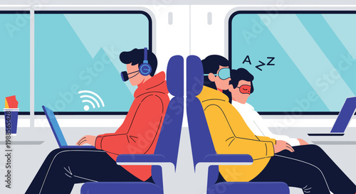 Passengers travel on a modern train while using virtual reality headsets, laptops, or resting in their seats.