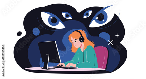 Concerned woman works at her computer late at night while giant eyes watch her from the dark background.