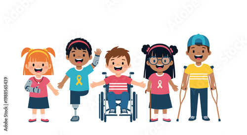 Group of diverse happy children with different physical disabilities including wheelchair, crutches, and prosthetic limbs standing together.