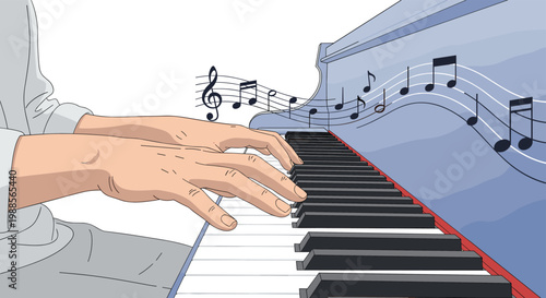 Talented pianist plays a grand piano as musical notes float through the air representing a beautiful melody.