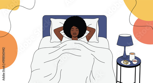 Woman with an afro hairstyle sleeps peacefully in her bed at night with a lamp and snacks on a side table.