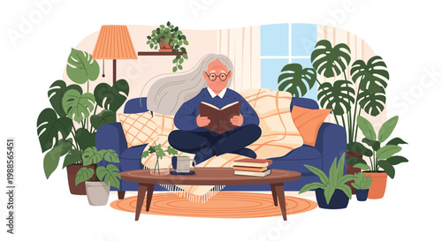 Retired woman with long grey hair relaxes on a comfortable sofa surrounded by plants while reading a book.