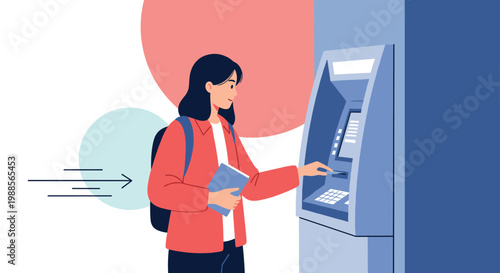 Young woman with a backpack uses an automated teller machine or ATM to withdraw cash on a city street.