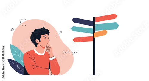 Thinking man stands in front of a signpost with many arrows pointing in different directions for a career.