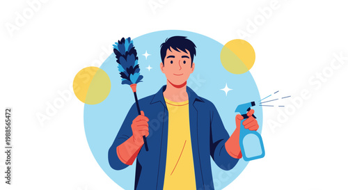 Smiling man wearing casual clothes holds a blue feather duster and a spray cleaning bottle in front of a light blue circle.