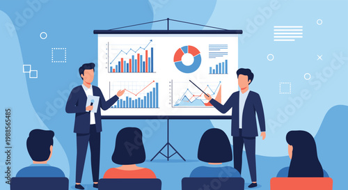 Two businessmen give a professional presentation with data charts and graphs to a large and engaged audience.