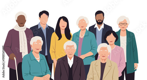 Group of diverse people of different ages and ethnicities stand together representing a unified community.