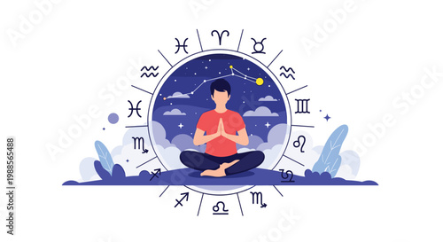 Peaceful man sits in a meditative lotus pose surrounded by circular astrological symbols and stars in the night sky.